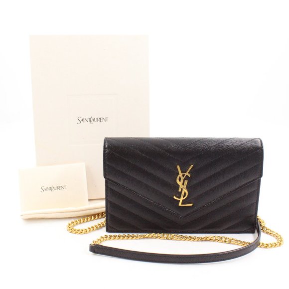 NWT Saint Laurent Cassandre Black Grain de Poudre Leather Envelope Chain Wallet - Picture 1 of 16